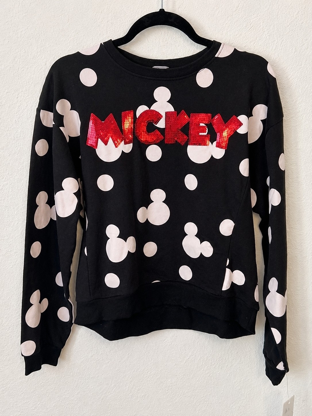 NWT Disney Mickey Mouse Sequin All Over Print Sweatshirt Black White Juniors L